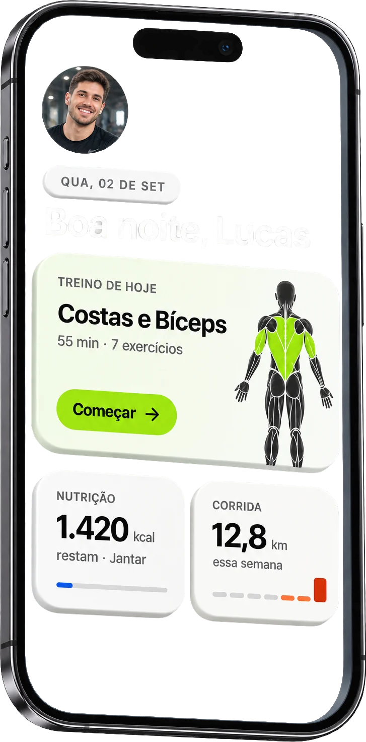 Tela inicial do Lineo: treino de hoje, calorias restantes e quilômetros da semana