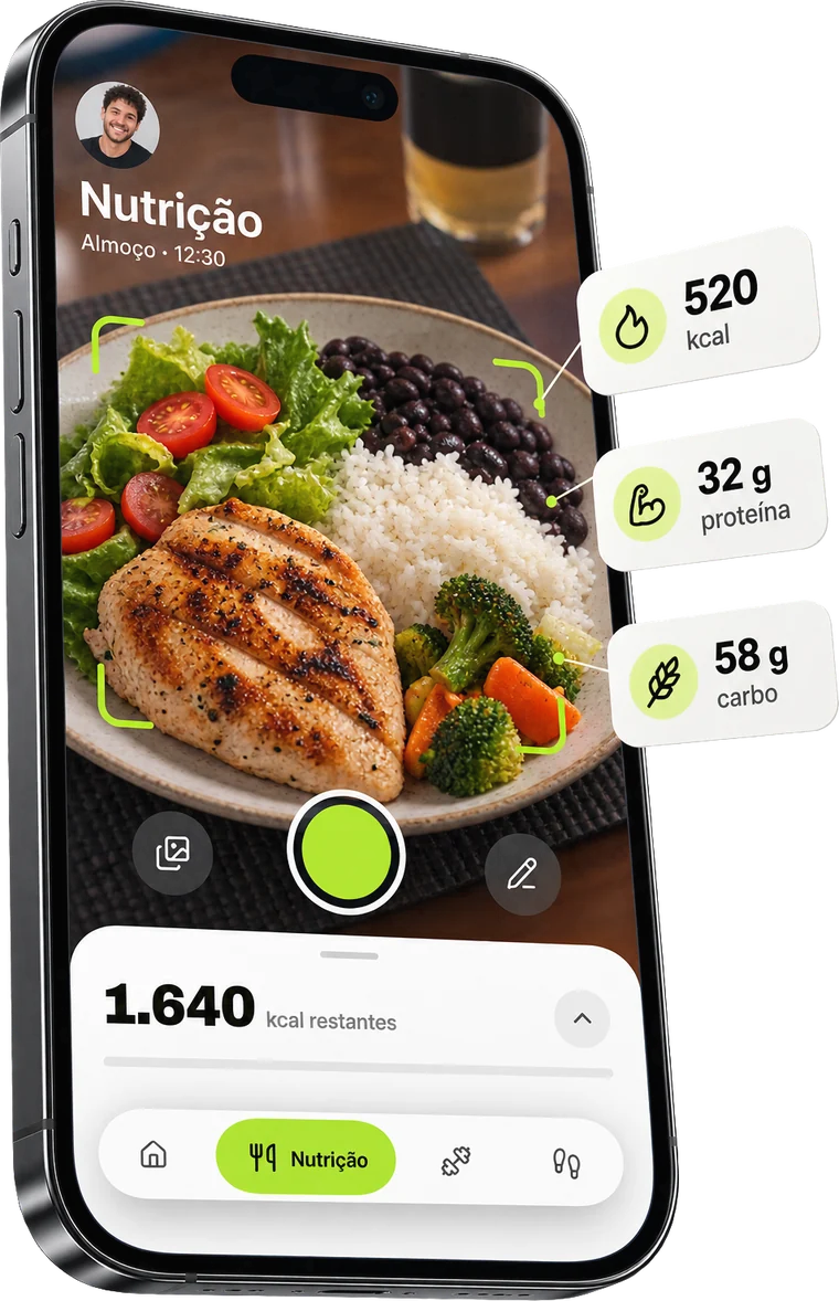 Tela de nutrição do Lineo reconhecendo o prato e mostrando calorias, proteína e carboidrato