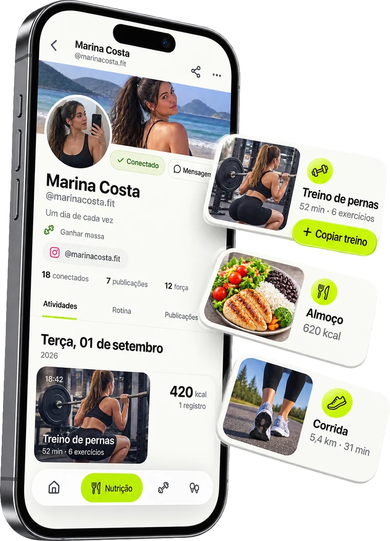 Perfil de usuária no Lineo com atividades, treino copiável, refeição e corrida