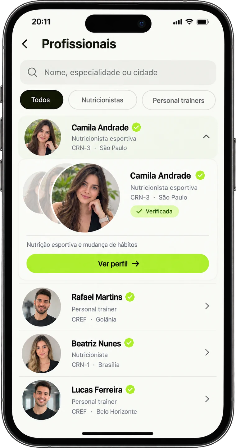 Busca de nutricionistas e personal trainers verificados no Lineo
